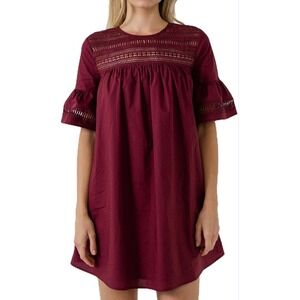 English Factory Burgundy Lace Yoke Babydoll Mini Dress with Pockets Size M NEW